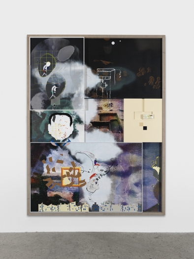 Helen Marten Puddlefoot, digging, 2015 Screen printing and painting on leather, suede, cotton, velvet; stained and sprayed Ash; airbrushed steel; inlaid Formica 118 x 90 1/2 x 3 7/8 inches (299.7 x 229.9 x 9.8 cm)