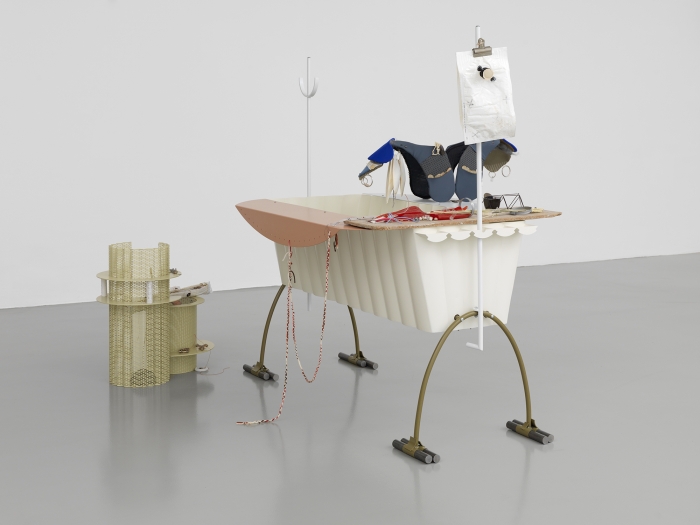 Helen Marten Bodybowl, 2014 Welded steel, aluminium, fabric, plastic, cuttlefish, braided wool, cast bronze, cast rubber, fossil teeth, corn stalk, cast resin, marbles, chipboard, electrical wire, stainless steel, toothpicks 67 x 70 7⁄8 x 45 1⁄4 in (170.18 x 180.02 x 114.94 cm)