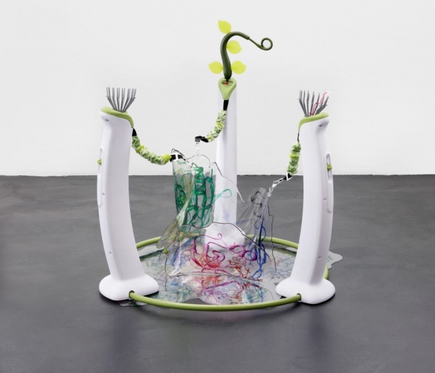 Katja Novitskova Evenflo Exersaucer Safari Freinds, 2014 Electronic baby swing, polyurethane resin, stock image of protein molecule, fishing baits, cable hose 43 3/8 x 35 3/8 x 35 3/8 inches (110.2 x 89.9 x 89.9 cm)