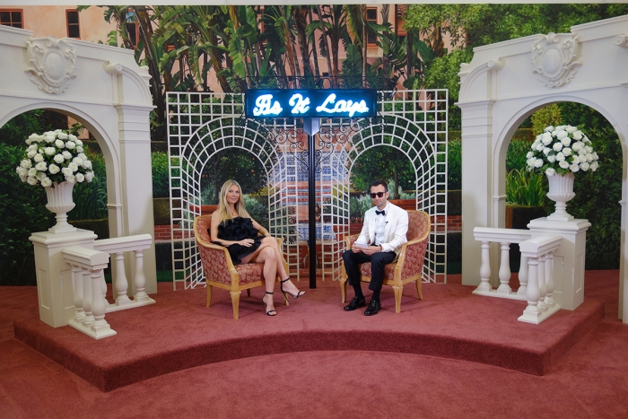 Alex Israel, As It Lays 2, 2019 (Production still with Gwyneth Paltrow and Alex Israel) Talk show set and video installation 33 episodes, total running time: 5 hours, 49 minutes, 4 secs