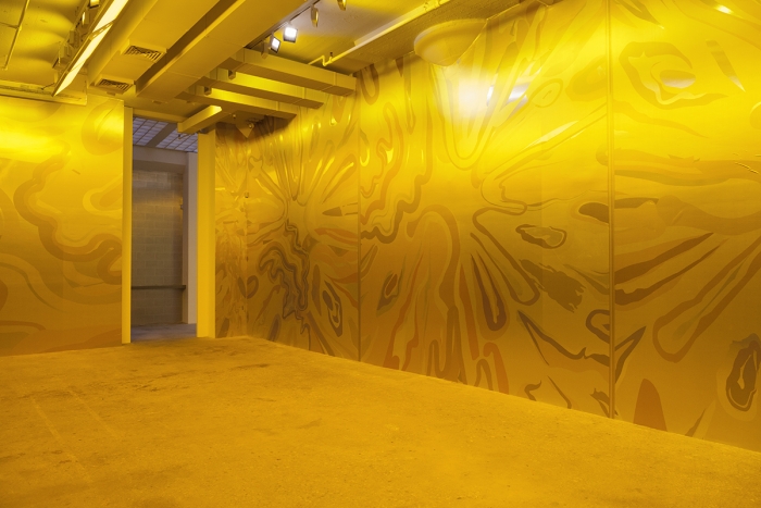 Peter Halley, Five Yellow Explosions, 2017 Mural-sized digital prints on metallic ground, colored window film, light gels Dimensions variable