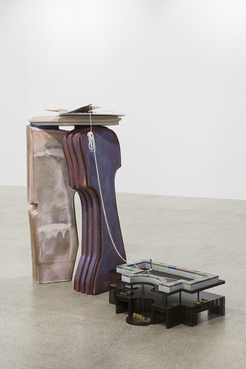 Helen Marten Long division lunches (Let by), 2014 Glazed ceramic, welded powder coated steel, engraved Corian, photo etched copper, flies, laser cut steel, pencil, strings, waxed fabric, rose petals, match end, staples, stone Ceramic: 54 1⁄3 x 33 1⁄2 x 21 2⁄3 in Metal appendage: 11 7⁄8 x 30 3⁄4 x 23 2⁄3 in