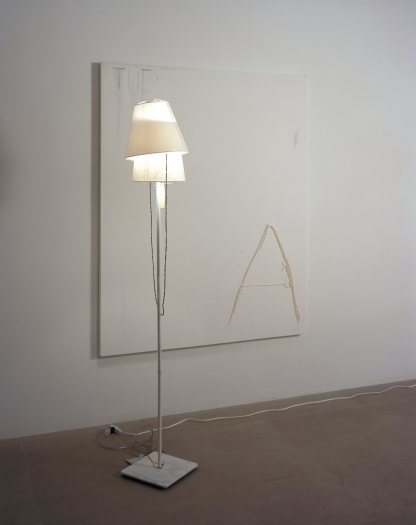 Josef Strau The Assistant, 2008 ink, pencil, pearls, and adhesive on canvas, mixed media lamp overall dimensions variable canvas: 60 x 48 inches 152.4 x 121.92 cm