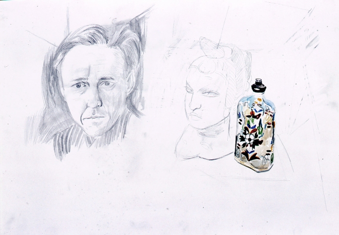 Amelie von Wulffen, Ohne Titel (Solschenizyn und handbemaltes Glasfläschchen), 2002/2003, pencil and watercolor on paper, 50 x 73 cm
