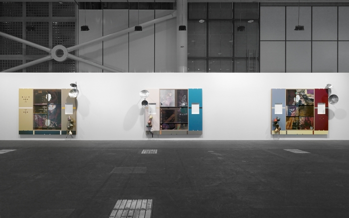 Helen Marten Under Blossom EFG, 2015 Triptych screen printed panels: screen printed suede, leather and waxed cotton, pressed Formica, ash, cherry, walnut, welded galvanised steel, glazed ceramic, strings, cast bronze and aluminum, coloured pencil drawing under resin Each: 105 7/8 x 131 1/2 x 3 1/8 inches (268.9 x 334 x 7.9 cm)