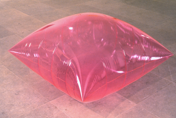 Gerald Rockenschaub, Inflatable "pillow" object, 1998, Red fluorescent transparent PVC, 60 x 60 x 28 inches