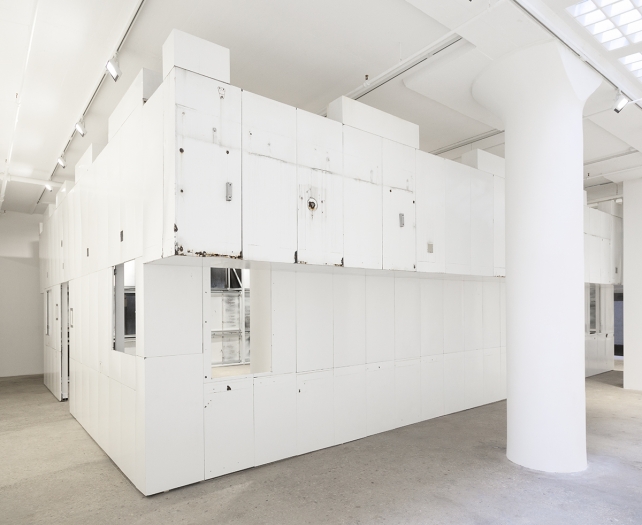 Gedi Sibony The King And The Corpse, 2018 Porcelain enameled steel panels, steel, bolts, screws, wood, c-clamps Dimensions variable