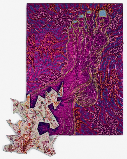 Paul Sharits Foot Infection III, 1982 Acrylic on purple Mylar, mixed media, foamcore attachment 69 x 53 inches (175.3 x 134.6 cm)