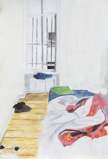 Juliette Blightman Bedroom, Mehringdamm, 2014 Gouache on paper Paper: 8 1/8 x 5 3/8 inches (20.6 x 13.7 cm) Frame: 9 3/4 x 7 inches (24.8 x 17.8 cm)