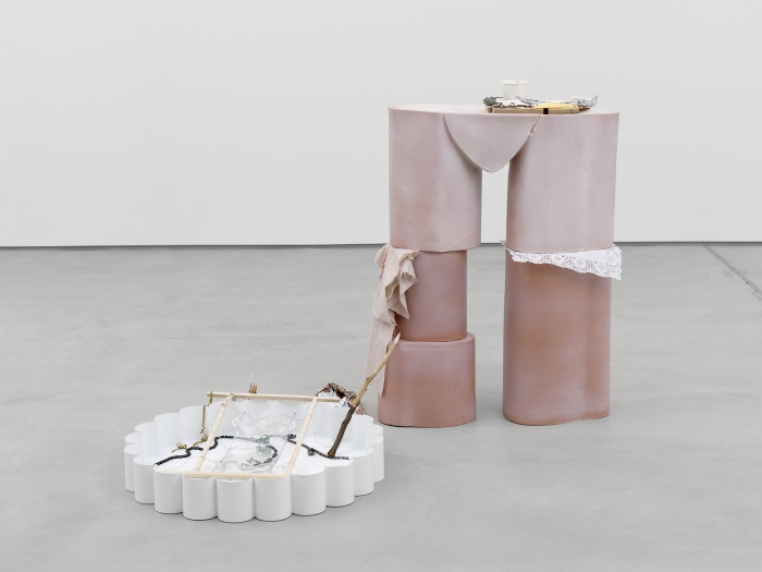 Candy Mandible, Mrs, 2014 Glazed ceramic; cast aluminium; bent and painted wire; pvc; joined bike chains; wood; fabric; cast resin; rose petals; twig; sugar Ceramic: 47 3⁄8 x 39 1⁄4 x 13 1⁄4 in Tray: 4 3⁄8 x 20 3⁄4 x 31 1⁄8 in