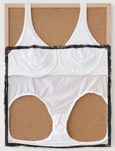 Tony Conrad Untitled (but from here on, it's), 2009 acrylic, underwear, bulletin board 23 x 17 inches (58.4 x 43.2 cm)