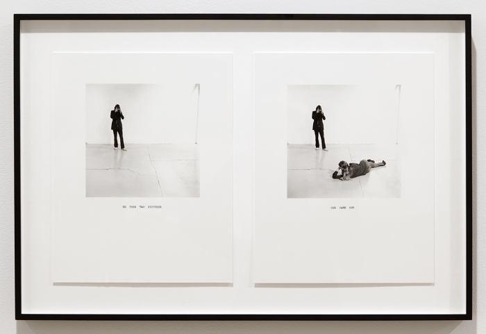 William Wegman, He Took Two Pictures/ One Came Out, 1972/2011, Silver Gelatin Print, Paper each: 14 x 11 inches (35.6 x 27.9 cm), Frame: 18 1/4 x 27 5/8 inches (46.4 x 70.2 cm)