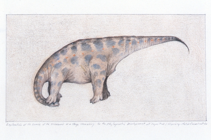 Thomas Zummer, Explanation of the Demise of the Dinosaur, 1992, pen, ink, color pencil on bristol, 12 x 9 inches