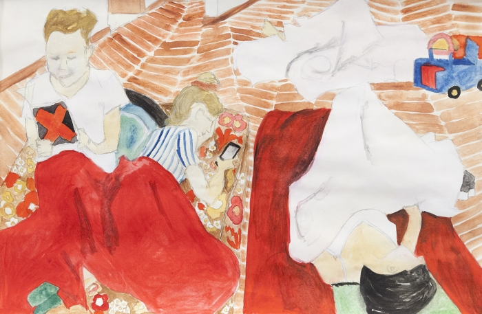 Juliette Blightman Aron, Deanna, Haydée and Lucie, 2014 Gouache on paper Paper: 6 1/2 x 9 3/8 inches (16.5 x 23.8 cm) Frame: 8 x 10 7/8 inches (20.3 x 27.6 cm)
