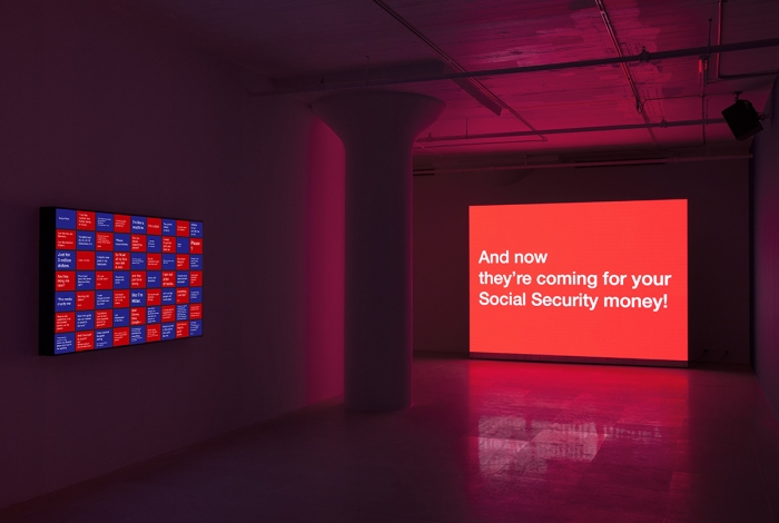 Tony Cokes, Installation view, On Non-Visibility, Greene Naftali, 2018