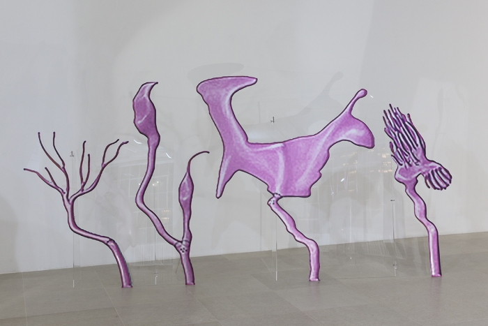 Katja Novitskova Approximation (C. elegans Dendrite Endings: AWA, AWB, AWC, AFD), 2016 Digital print on aluminum, cutout display; plexiglass A: 66 3/4 x 84 x 18 1/2 inches (169.5 x 213.4 x 47 cm) B: 65 1/4 x 59 x 15 1/2 inches (165.7 x 149.9 x 39.4 cm)
