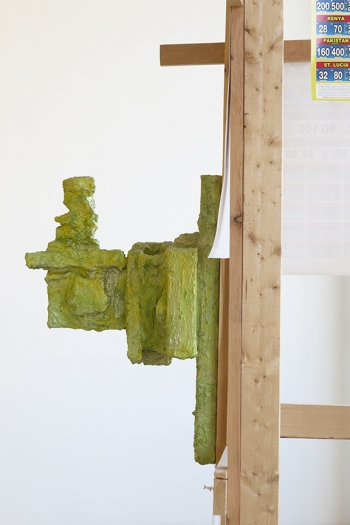 Some Dreamers of the Golden Dream, Rachel Harrison, Telephone Booth, 2009, Wood, polystyrene, cement,acrylic, calling-card posters, thumbtacks, and rotary phone, 109 x 30 x 23 inches