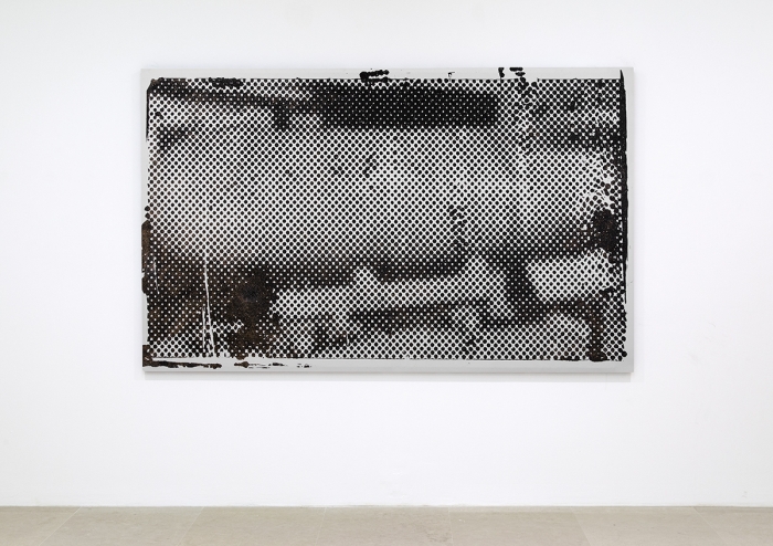 Mathieu Malouf, M83 nuclear warhead, 2017, Silkscreen and glitter on canvas, 60 x 96 inches (152.4 x 243.8 cm)