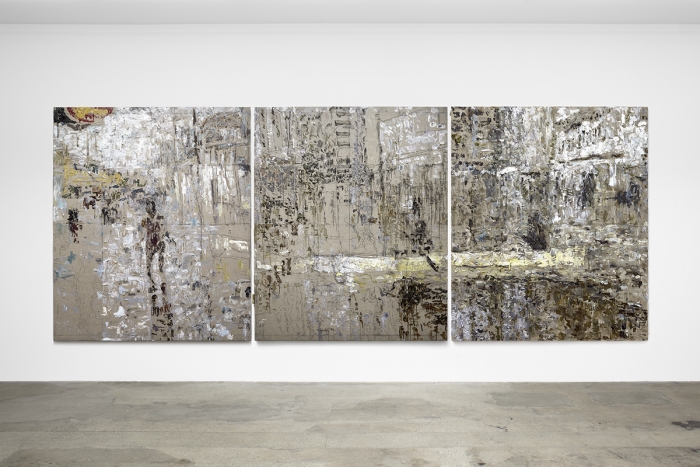 Andy Robert, Higher Ground: Soon, Higher Ground: Past Present, and Higher Ground: Here, 2018, Oil on linen, 3 panels, each 88 x 74 inches