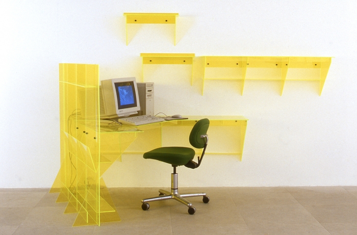 Laura Emrick, Notes on Popular Science, 1997-98, Lucite, Power Mac computer, 3 minute film, 6 x 9 x 5 feet