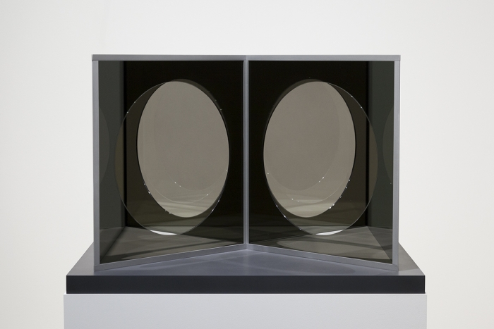 Dan Graham Model for Pavilion Influenced by Moon Gates, 2018 Stainless steel, two-way mirror glass 42 1/8 x 42 1/8 x 27 15/16 inches (107 x 107 x 71 cm)