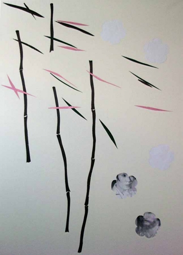 Henning Bohl Shogun, 2005, paper, colored aluminum foil, b/w copy on prepainted canvas, 64.96 x 47.24 inches