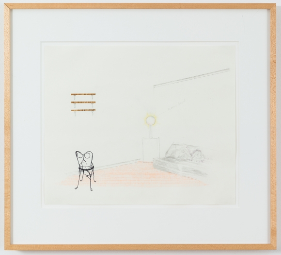 Julie Becker Mysterious Round Object and Incomplete Chair, 1996-1997 Mixed media on paper Paper: 14 x 17 inches (35.6 x 43.2 cm) Frame: 21 1/2 x 23 5/8 x 2 inches (54.6 x 60 cm x 5.1 cm)