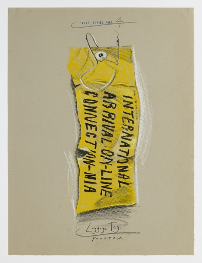 Candy Jernigan, Travel Series – Part 4, Luggage Tags – Yucatan, 1984, Pastel and rubber stamp on kraft paper, Image: 24 x 18 inches (61 x 45.7 cm), Frame: 27 3/4 x 21 3/4 x 1 1/2 inches (70.5 x 55.2 x 3.8 cm)