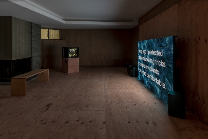 Tony Cokes, Installation view, Della's House, Hannah Hoffman Gallery, Los Angeles