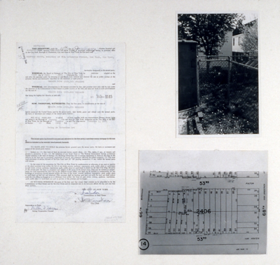 Gordon Matta-Clark, Reality Positions: Fake Estates, 1974, Black and white documentary photography, deed, map, 21 x 22 inches