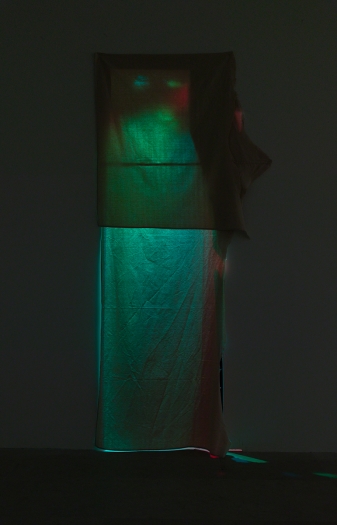 Gedi Sibony, Jeweled Repetitiously, 2013, Canvas, colored lights, little room, Baby Bach pianos, programmed circuit board, wires, batteries, 107 x 52 x 32 inches (271.8 x 132.1 x 81.3 cm)