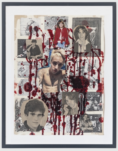 The Collage Killer #4, 2018, Fake blood and collage on paper, 15 3/4 x 11 7/8 inches (40 x 30.2 cm) Frame: 18 1/4 x 14 1/4 inches (46.4 x 36.2 cm)