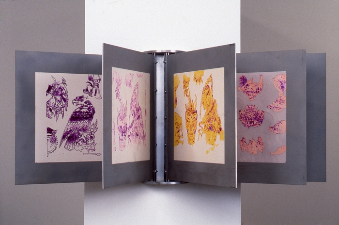 Alix Stewart Lambert, Untitled, 1995, aluminum, tatoo transfer and ink on paper, 13 3/4 x 16 x 33 inches