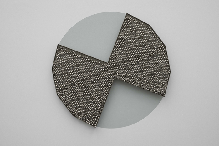 Haegue Yang Sonic Rotating Geometry Type D - Nickel Plated #17, 2013 Steel sheet, powder coating, ball bearings, metal grid, nickel plated bells, metal rings 39 3/8 x 39 3/8 inches (100 x 100 cm)