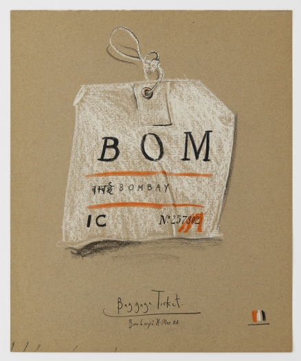 Candy Jernigan, Baggage Ticket – Bombay: Xmas 83, 1983 Pastel and rubber stamp on paper Image: 17 x 14 inches (43.2 x 35.6 cm) Frame: 20 1/2 x 17 3/8 x 1 1/2 inches (52.1 x 44.1 x 3.8 cm)