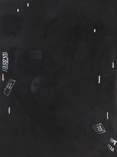Monika Baer on hold, 2015 Acrylic, ink, oil on canvas 70 3/4 x 53 1/4 inches (180 x 135 cm)
