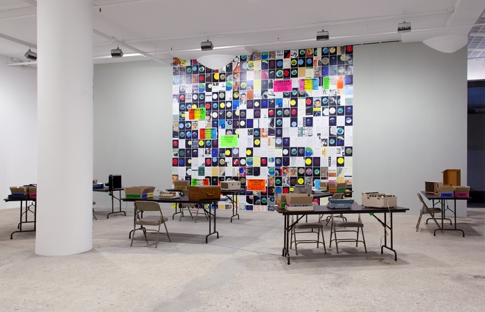 CIRCLES: Allan Kaprow's words, 1962, By Allen Ruppersberg, 2008, 7 vintage typewriters and record players, microcontrollers with mp3 players, 350 audio tracks, amps, motion sensors, 9 letterpress posters, color and black and white Xerox copies, 14 silkscreened cardboard boxes, tables and chairs, dimensions Variable