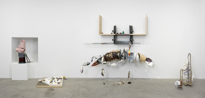Helen Marten Brood and Bitter Pass, 2015 Steel; Aluminium; Model Board; Ash; Cherry; chipboard; sprayed MDF; blown glass; glazed ceramic; screen printed Latex; bucket; cast Resin; cast Jesmonite; stones; cast Rubber; flocked aluminium; gold leaf; cotton; nails; magnets; heating filament; lace; vinyl; twig; glass beaker; cast concrete; brass; Neoprene rubber; stitched and embroidered fabric; airbrushed steel; cardboard; sand; sugar; felt; oyster shell Overall: 118 1/2 x 321 5/8 x 44 inches (301 x 816.9 x 111.8 cm) (