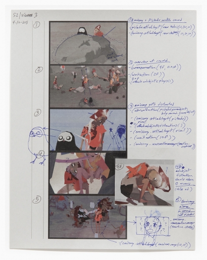 Ian Cheng Emissary In The Squat Of Gods: production storyboard.S2.vignette3, 2015 97lb. grey stock paper, color laser printed storyboard, annotations in ink pen Paper: 8 1/2 x 11 inches (21.6 x 27.9 cm) Frame: 13 3/8 x 10 7/8 inches (34 x 27.6 cm)