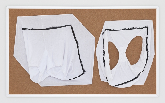 Tony Conrad Untitled (alfa pants ring), 2009 Acrylic, underwear, bulletin board 36 x 60 inches (91.4 x 152.4 cm)