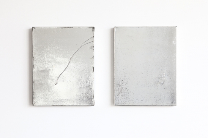 Mathieu Malouf Untitled, 2013 Gesso, human hairs, and electro silver plating process on linen 18 1/4 x 14 inches (46.4 x 35.6 cm) each