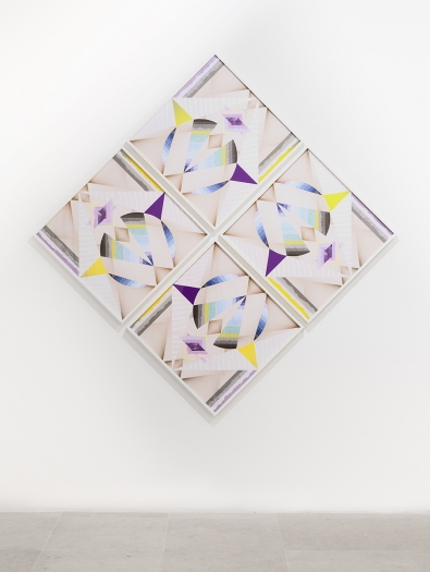 Haegue Yang Windmill - Trustworthy Triple Wings 2015 Various envelope security patterns, graph paper, origami paper, framed 28 3/8 x 28 3/8 inches (72.2 x 72.2 cm) each