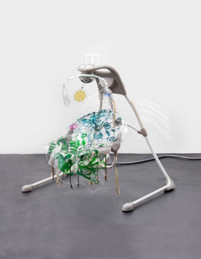 Katja Novitskova Ingenuity Inlighten Cradling, 2015 Electronic baby swing, polyurethane resin, stock image of protein molecule, fishing baits, cable hose 43 3/8 x 35 3/8 x 35 3/8 inches (110.2 x 89.9 x 89.9 cm)