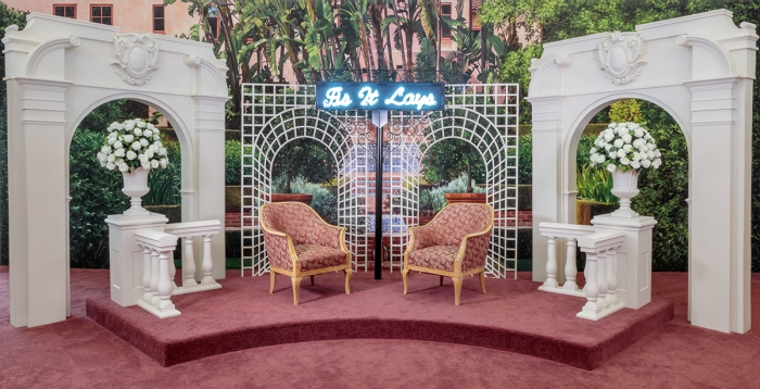 Alex Israel As It Lays 2, 2019 Talk show set and video installation Set: 144 x 384 x 192 inches (365.8 x 975.4 x 487.7 cm) 33 episodes, total running time: 5 hours, 49 minutes, 4 secs