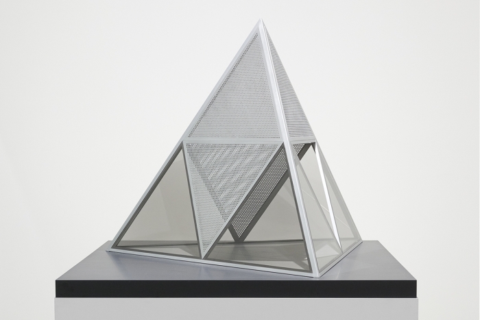 Dan Graham Shinohara's Pyramid, 2018 Stainless steel, perforated steel, two-way mirror glass 49 3/16 x 49 3/16 x 27 15/16 inches (125 x 125 x 91 cm)
