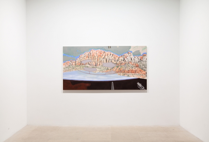 William Leavitt, Motel Zion Earth, 2013, Flashe on canvas with soundtrack, 44 x 84 inches