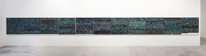 Rauschenberg, 2014, collage on pegboard, 11 Panels, Each: 48 x 48 inches