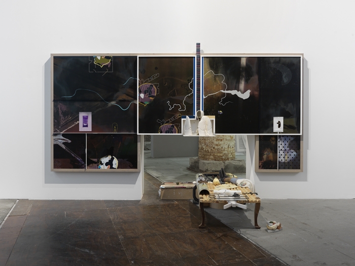 On aerial greens (haymakers), 2015 Part 1: lacquered hardwood, steel, shoe soles, rubber, cast rubber, cast resin, stitched fabric, pipe tubing, galvanised cardboard, string, stamped baking paper, limes, marbles, embroidered fabric Part 2: screen printed suede, leather and PVC, hand thrown glazed ceramic, lacquered hardwood, Formica, cast resin, cast rubber, woven straw 91 7/8 x 180 1/2 x 18 1/2 inches (233.5 x 458.5 x 47 cm)