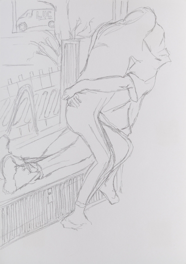 Juliette Blightman Bar 3, Berlin, 2016 Graphite on Paper Paper: 8 1/4 x 5 7/8 inches (21 x 14.9 cm) frame: 9 1/4 x 7 1/2 inches (23.5 x 19.1 cm)
