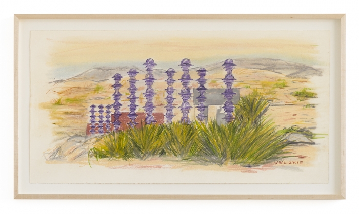 William Leavitt Insulators (Magritte machine), 2018 Colored pencil on Arches cover paper Paper:15 x 29 inches (38.1 x 73.7 cm) Frame: 18 x 32 x 1 1/2 inches (45.7 x 81.3 x 3.8 cm)